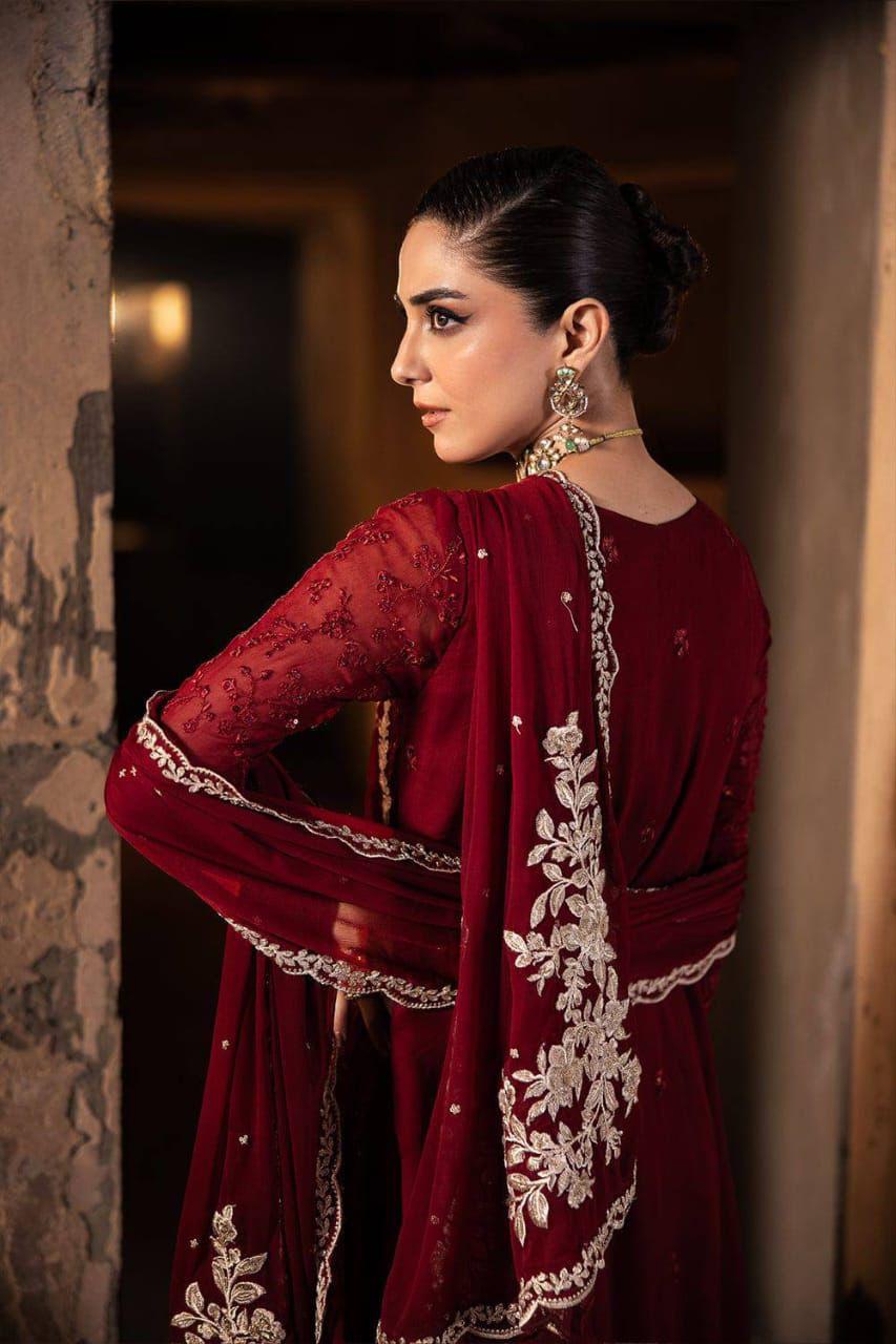 Azure Royal Crimson Premium Chiffon 3PC Suit - Hand-Embellished Festive Ensemble