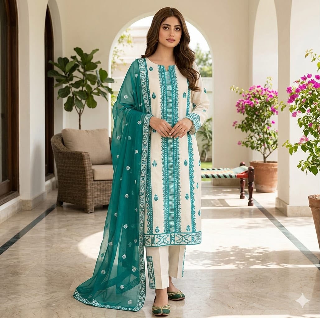 3PIECE Luxury Embroidered Cotton Collection with Chiffon embroidered duppatta