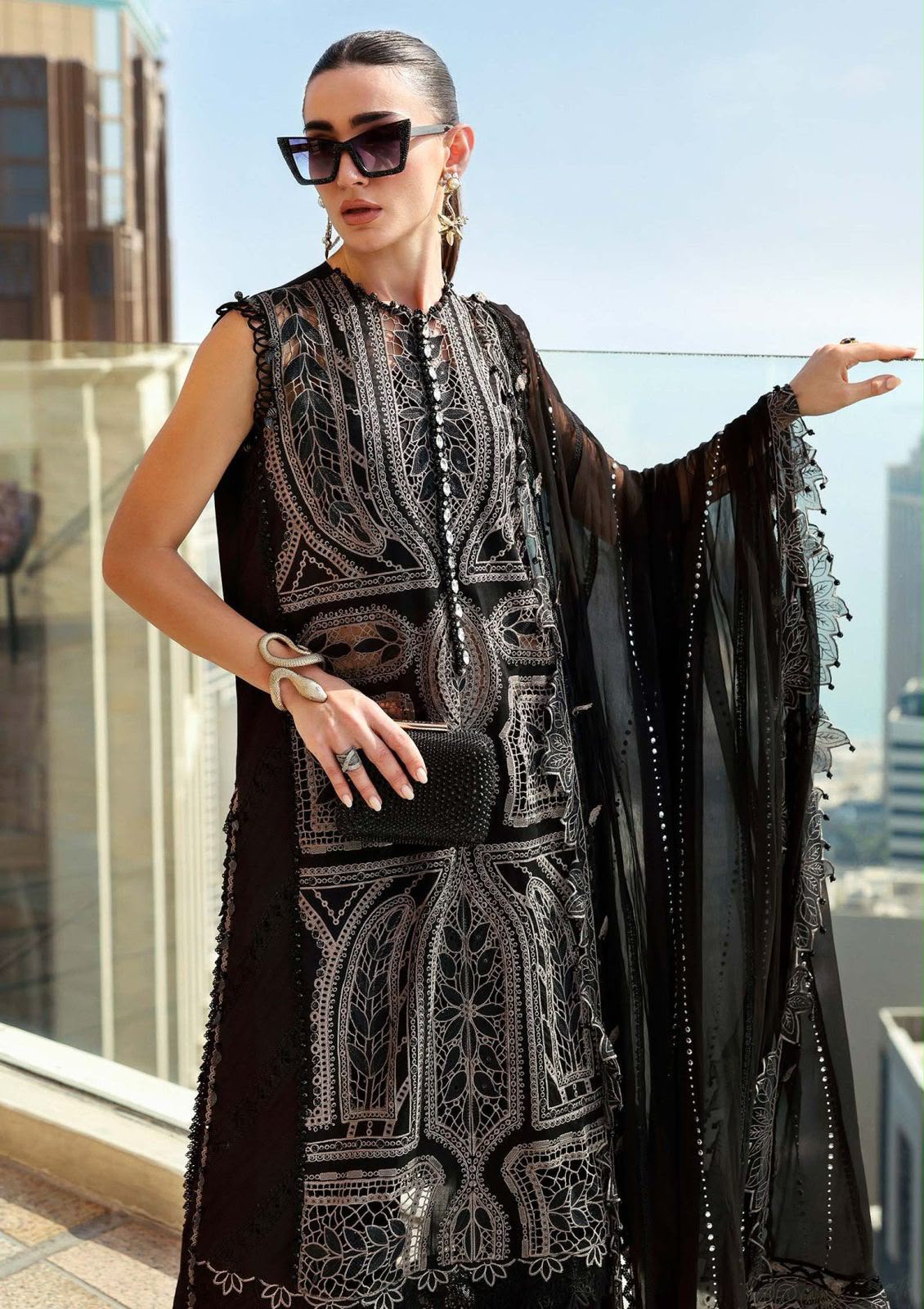 Maria B Black Premium Lawn 3PC Suit - Heavy Sequence Embroidered Chikankari Ensemble