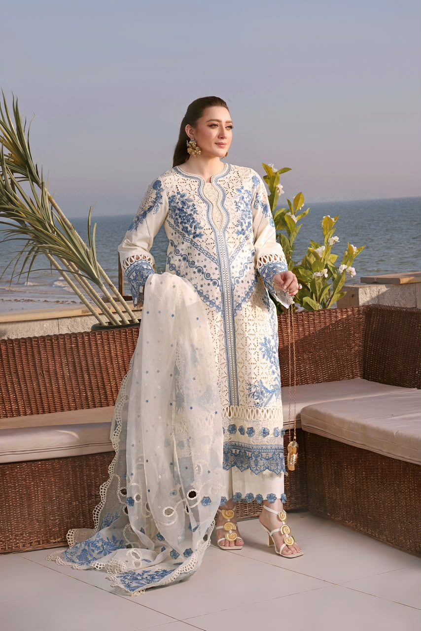 Aneela’s Premium Cotton Chickenkari 3PC Ensemble - Heavy Embroidered Organza Dupatta
