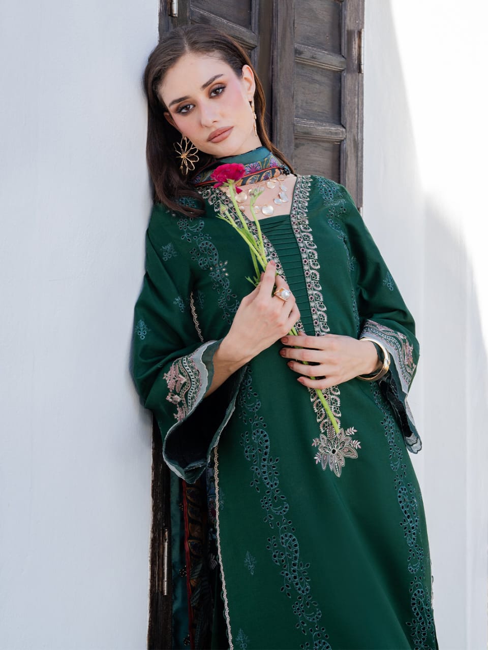Izel Premium Embroidered 3-Piece Lawn Suit available in two color Red and Green - Signature Edit