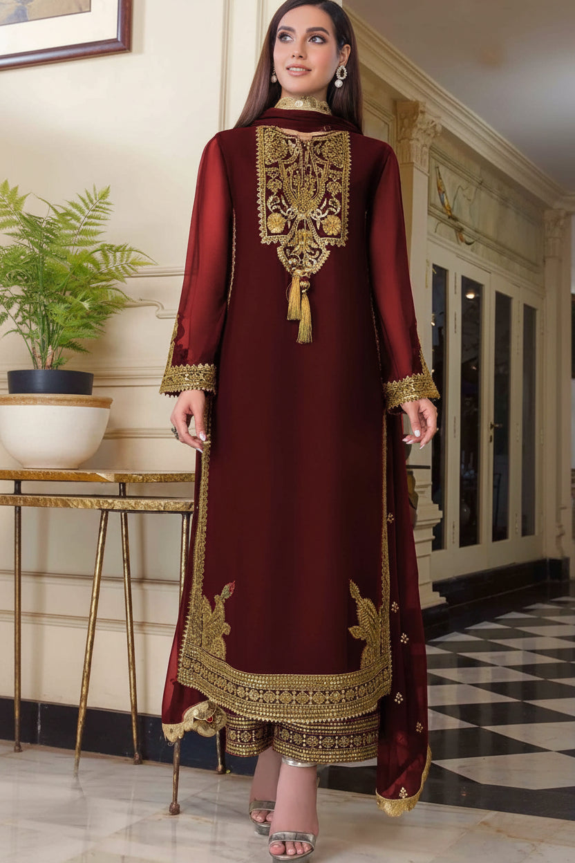 Al Nisa Premium Chiffon 3PC Suit - Heavy Embroidered Festive Ensemble