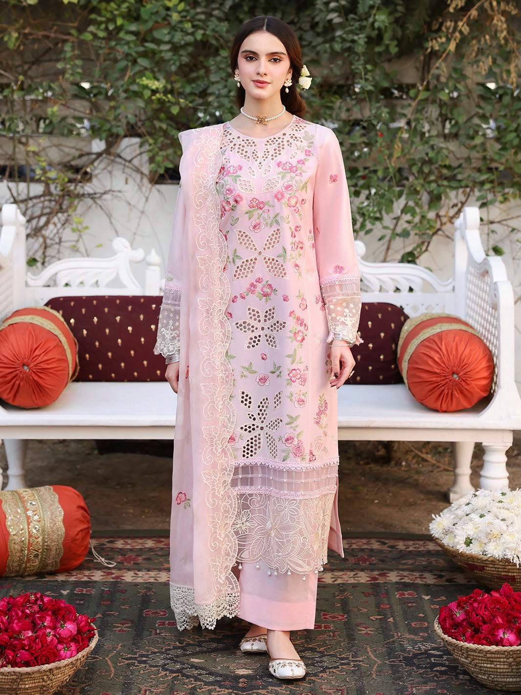 Mahnur Premium Cotton Chickenkari 3PC Ensemble - Heavy Embroidered Organza Dupatta