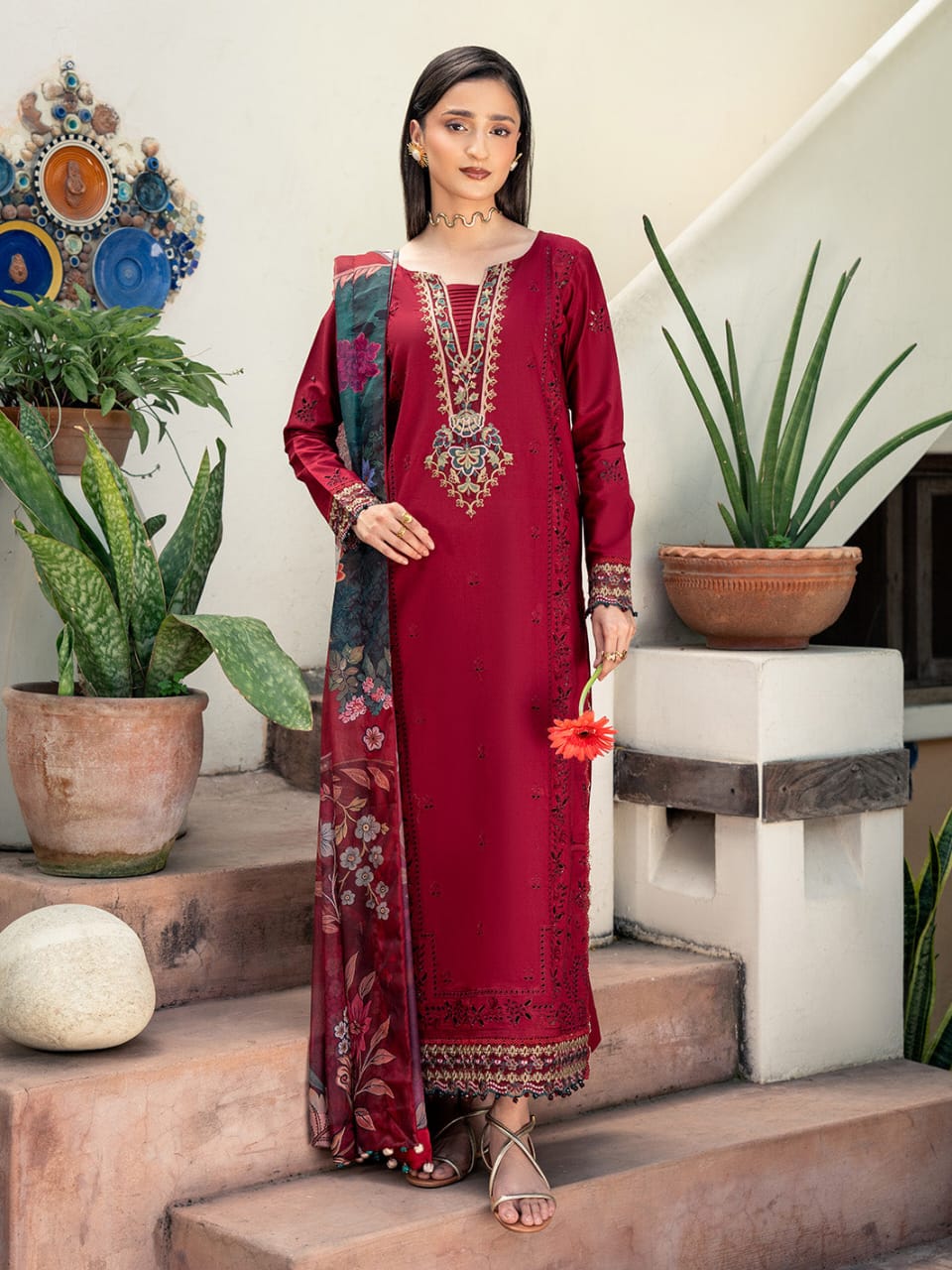 Izel Premium Embroidered 3-Piece Lawn Suit available in two color Red and Green - Signature Edit