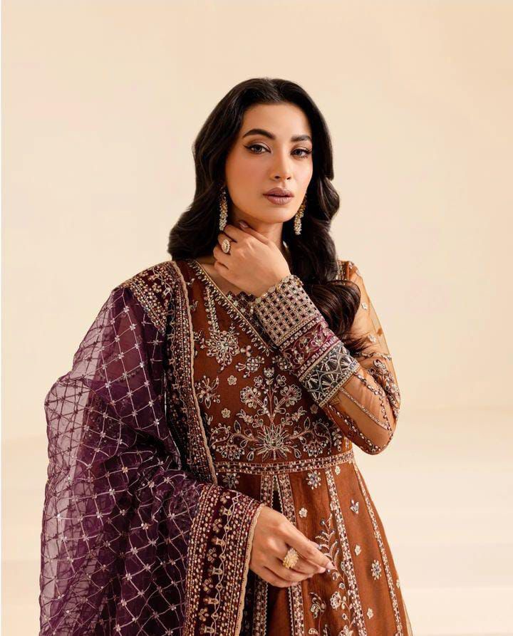 3PIECE Luxury Embroidered Net Frock with Heavy embroidered Sequence Work