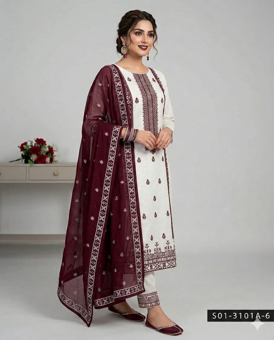 3PIECE Luxury Embroidered Cotton Collection with Chiffon embroidered duppatta
