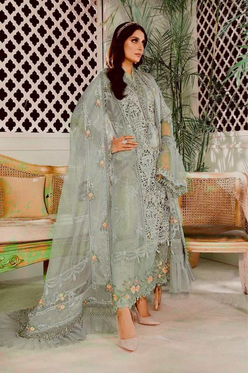 3PIECE Luxury ORGANZA EMBROIDERED SEQUENCE FRONT EMBELISH WITH HANDWORK AND HANGING TUSSLES