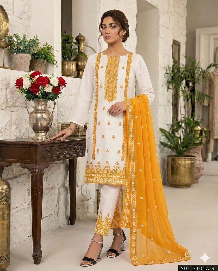 3PIECE Luxury Embroidered Cotton Collection with Chiffon embroidered duppatta