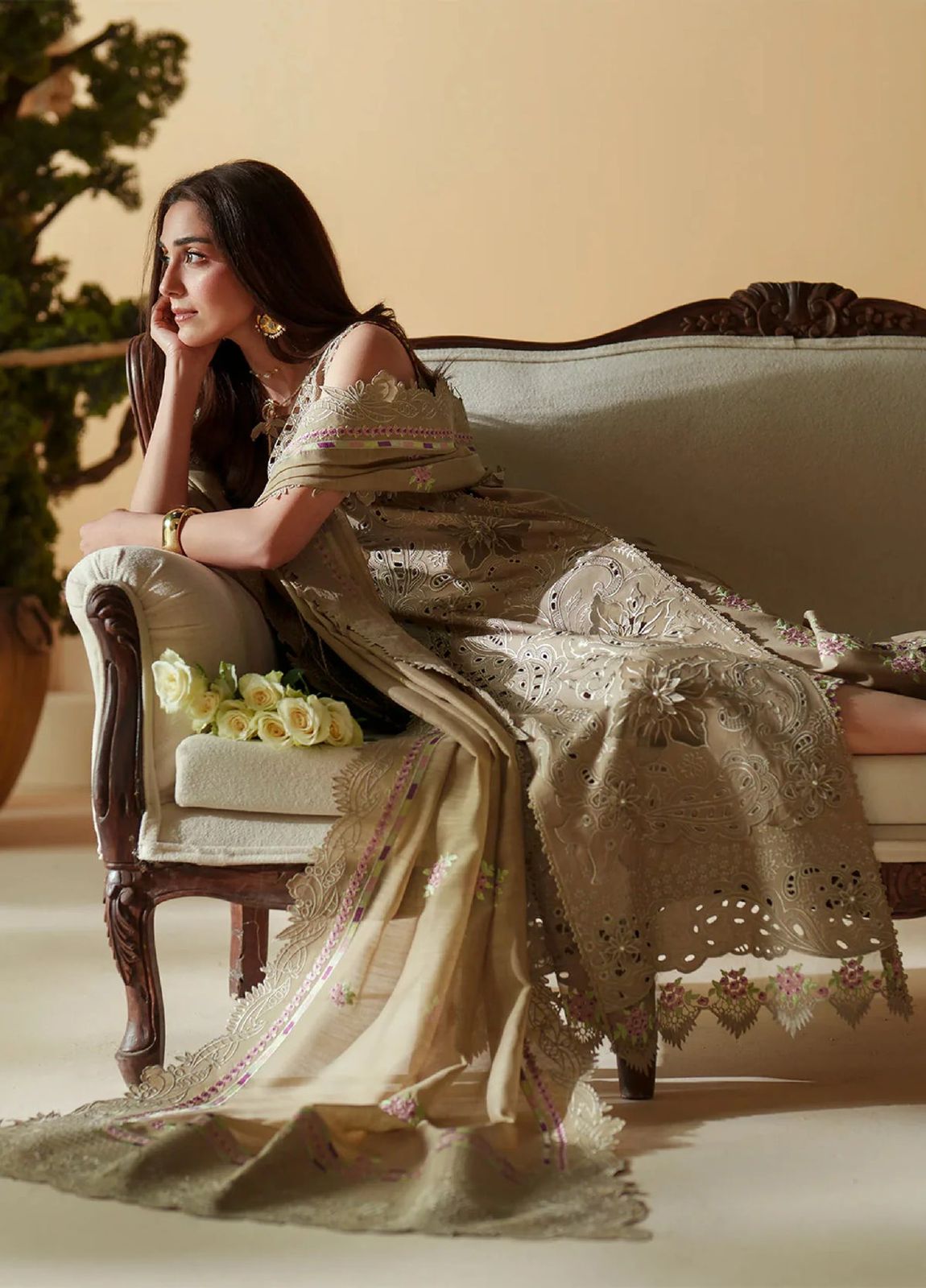 Bin Ilyas Premium Embroidered Chikankari Suit in Two Color Red and Beige with Khaddi Net Dupatta