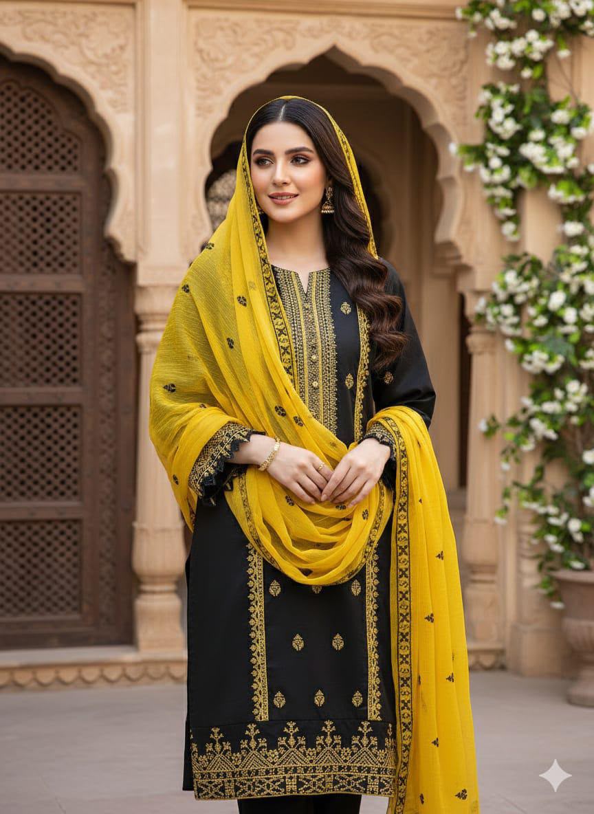 3PIECE Luxury Embroidered Cotton Collection with Chiffon embroidered duppatta