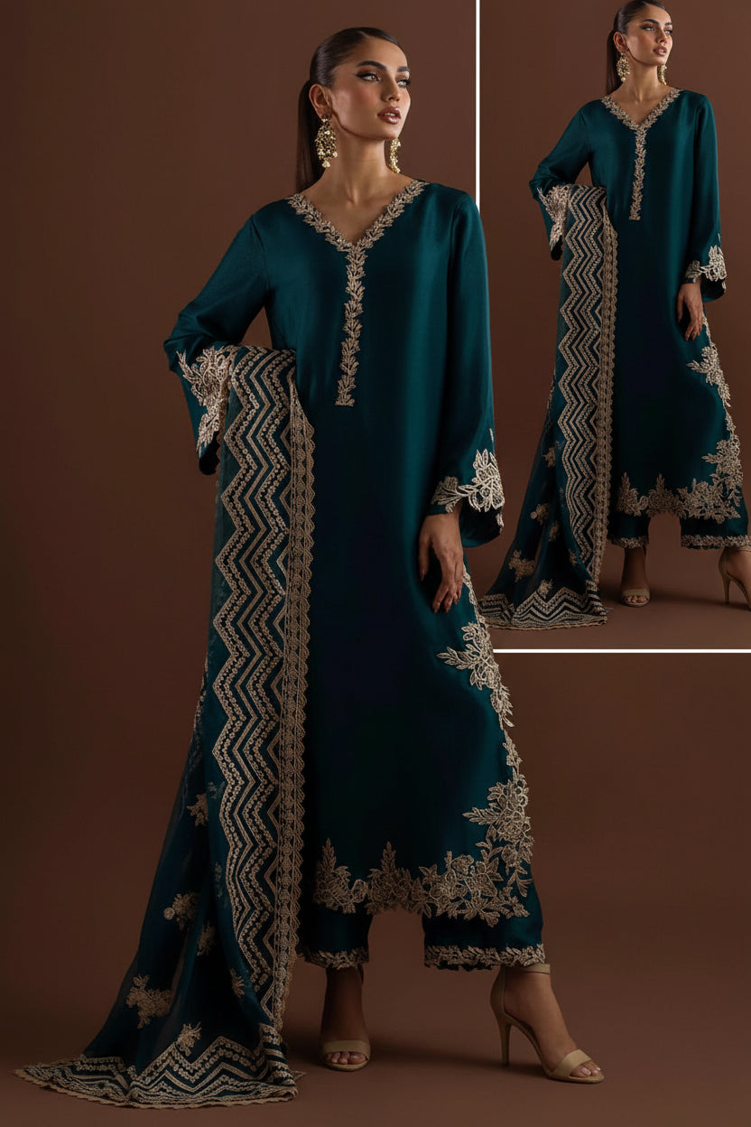 Heer Premium Shamooz Silk 3PC Suit in Two Different Colors - Luxury Embroidered Bridal Ensemble
