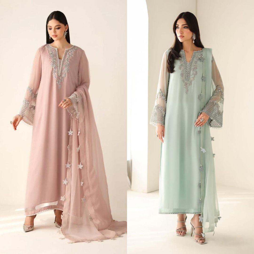 Baroque Luxury Chiffon Hand-Embellished 3PC Festive Suit in Two Different Colours