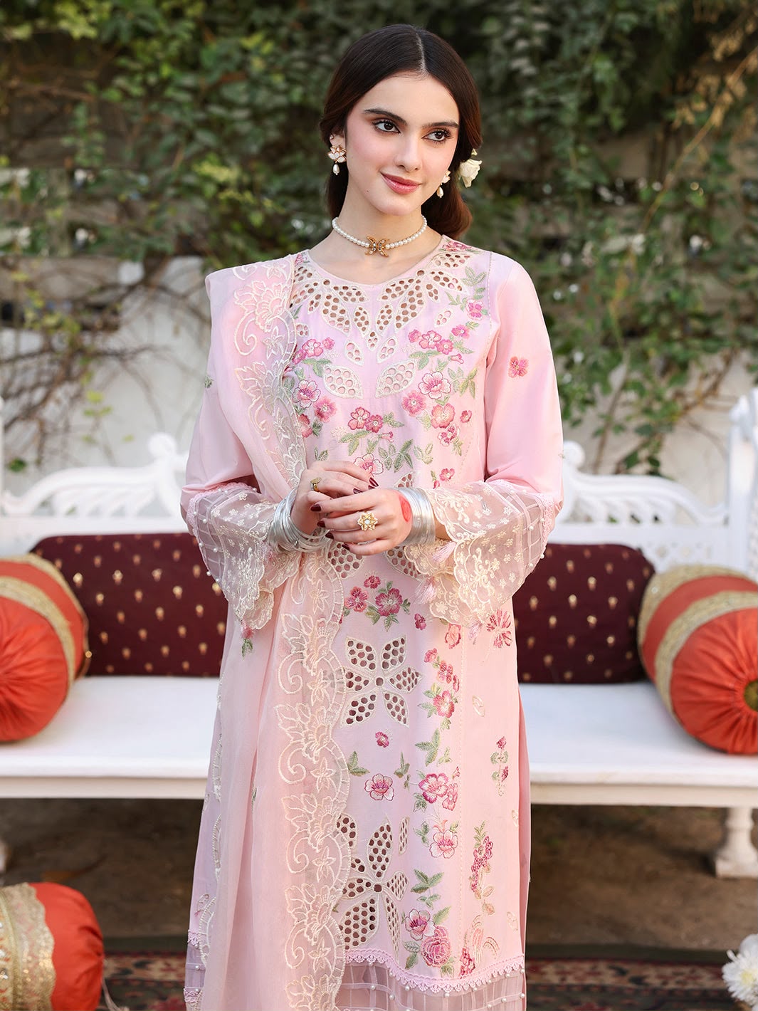 Mahnur Premium Cotton Chickenkari 3PC Ensemble - Heavy Embroidered Organza Dupatta