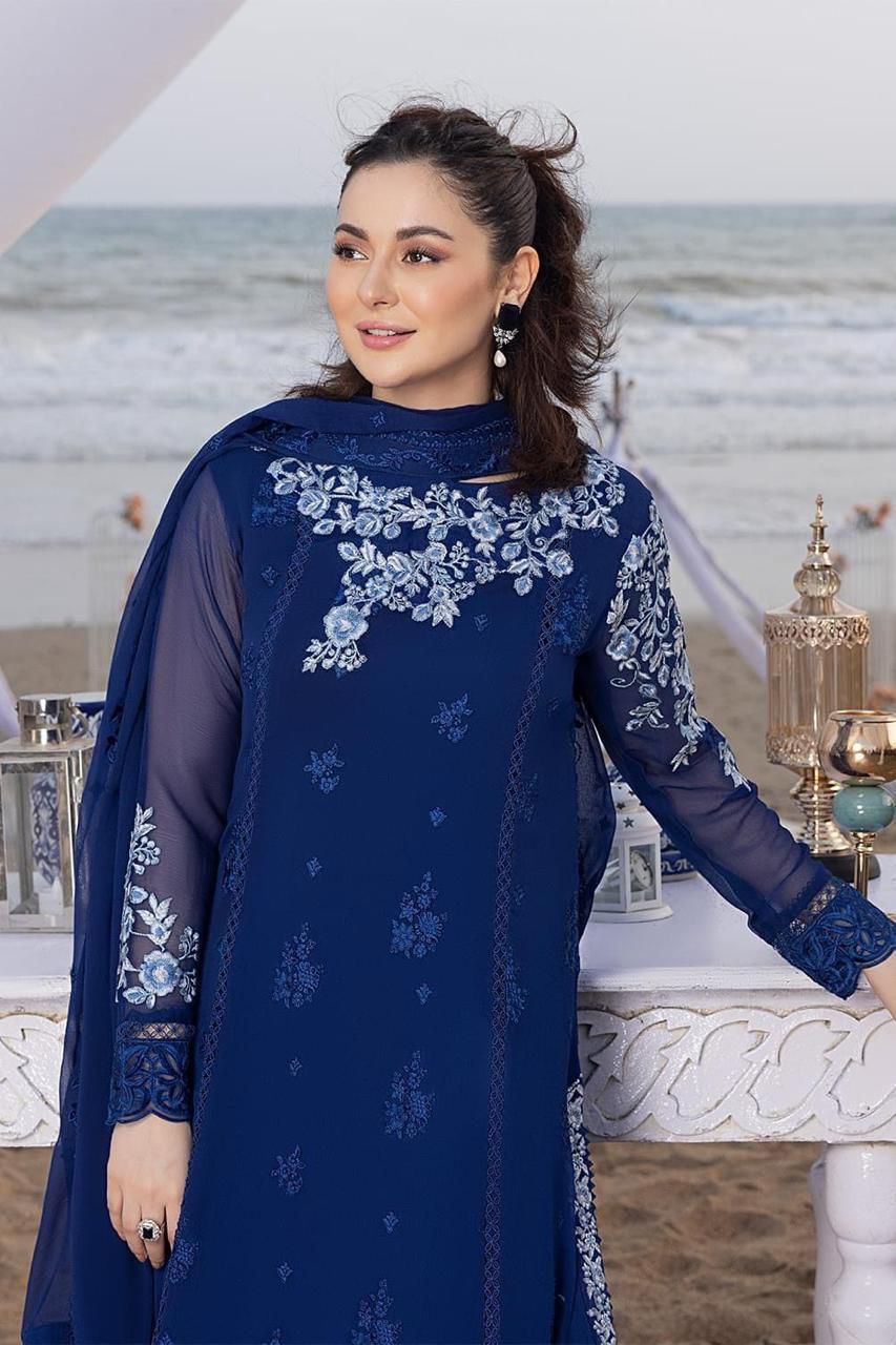 Azure Premium Chiffon Ensemble - 3D Embroidered Luxury 3PC Suit