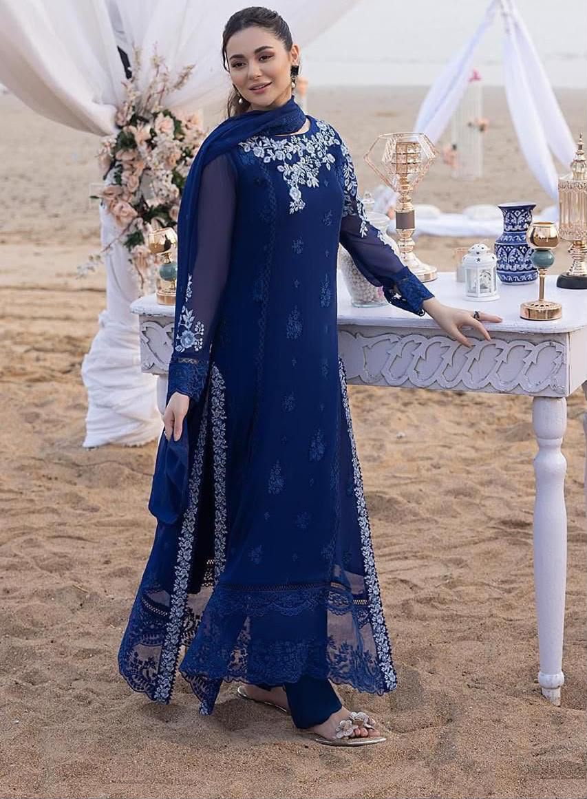 Azure Premium Chiffon Ensemble - 3D Embroidered Luxury 3PC Suit