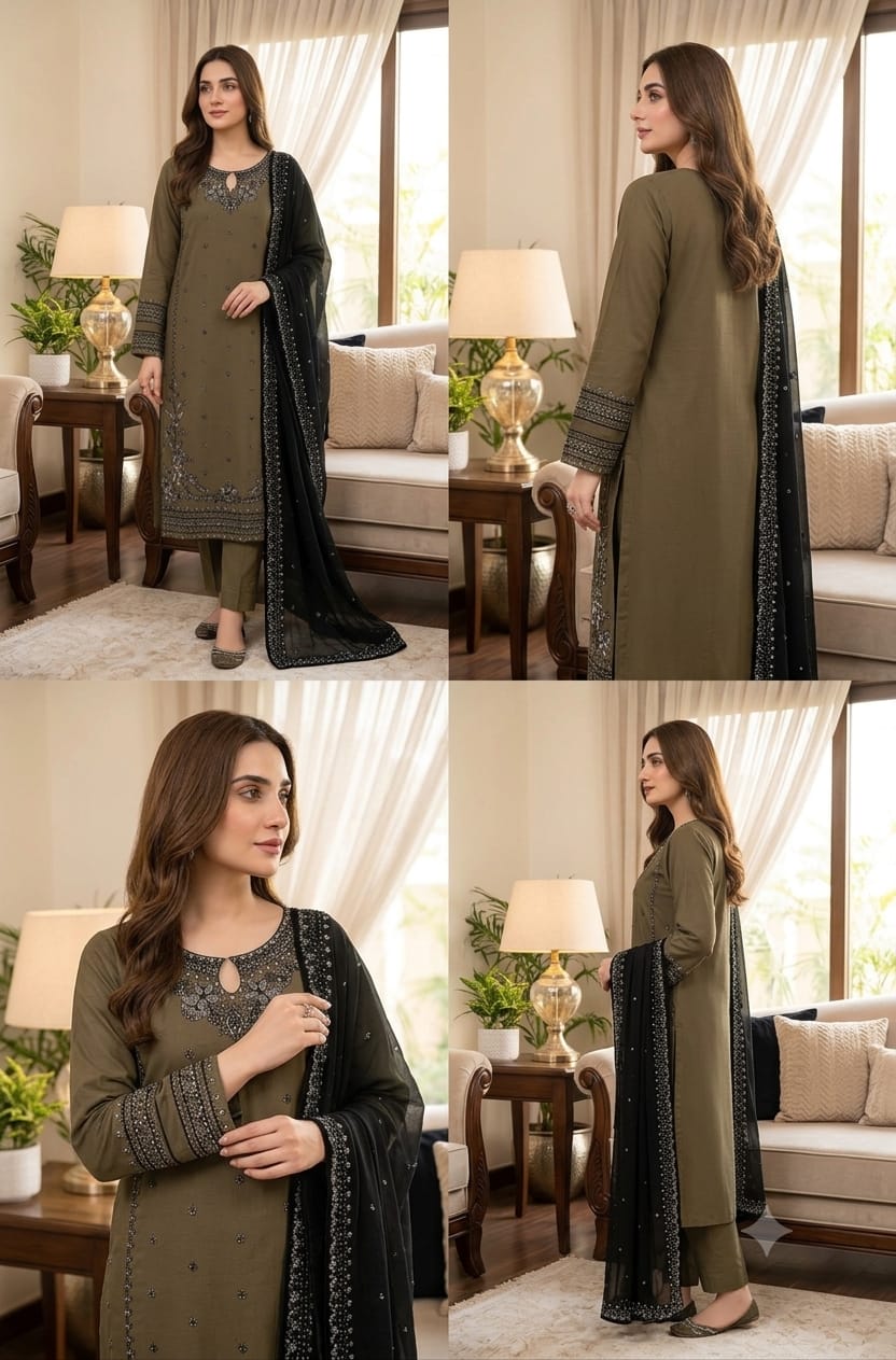 Batik Luxury Mehandi 3PC Lawn Suit - Heavy Embroidered Ensemble