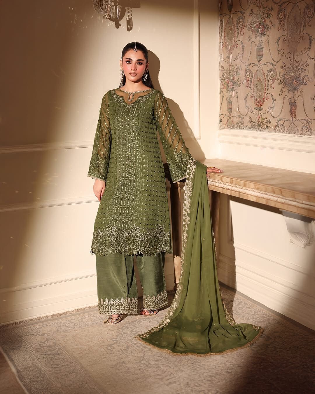 Azure Luxury Chiffon 3PC Suit - Heavy 9mm Sequence Work Ensemble