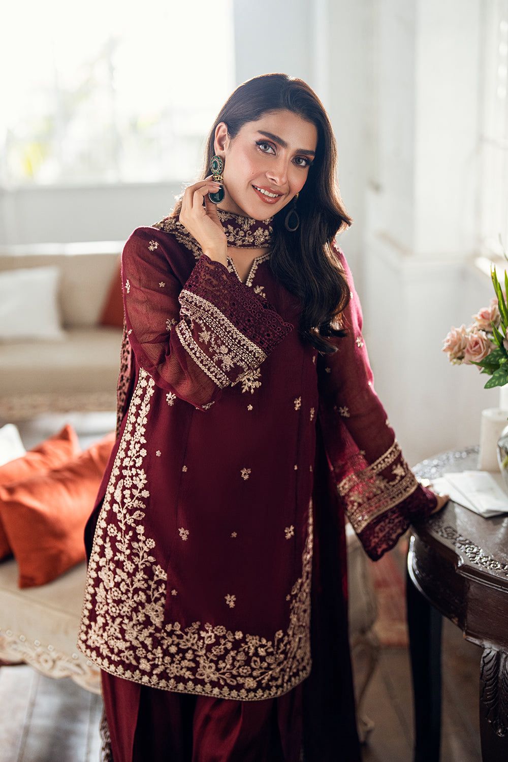 Azure Premium Chiffon 3PC Suit - Heavy Embroidered Spangle Work Formal Ensemble