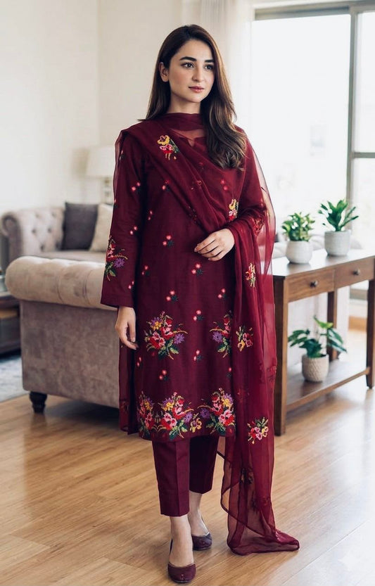 3PIECE Embroidered Summer Collection with Chiffon Dupatta
