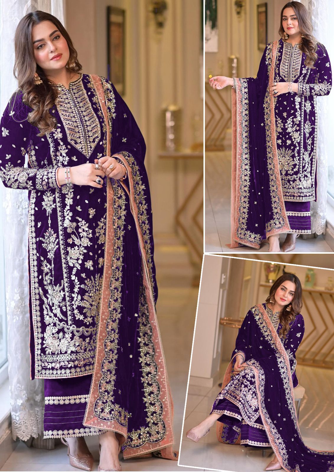 Aneela’s Luxury Embroidered Chiffon Wedding Ensemble - Sequin & Adda Work 3PC Suit in Different colours