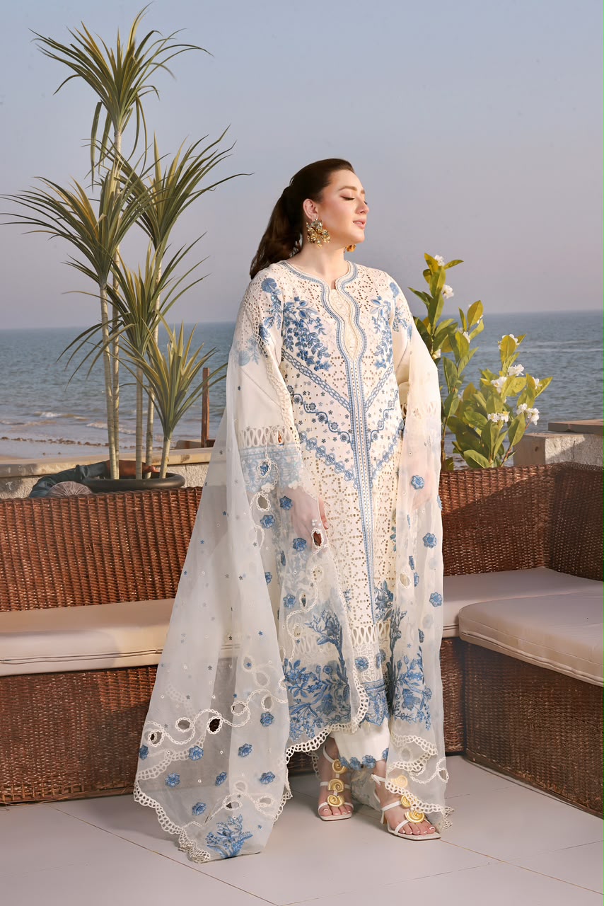 Aneela’s Premium Cotton Chickenkari 3PC Ensemble - Heavy Embroidered Organza Dupatta