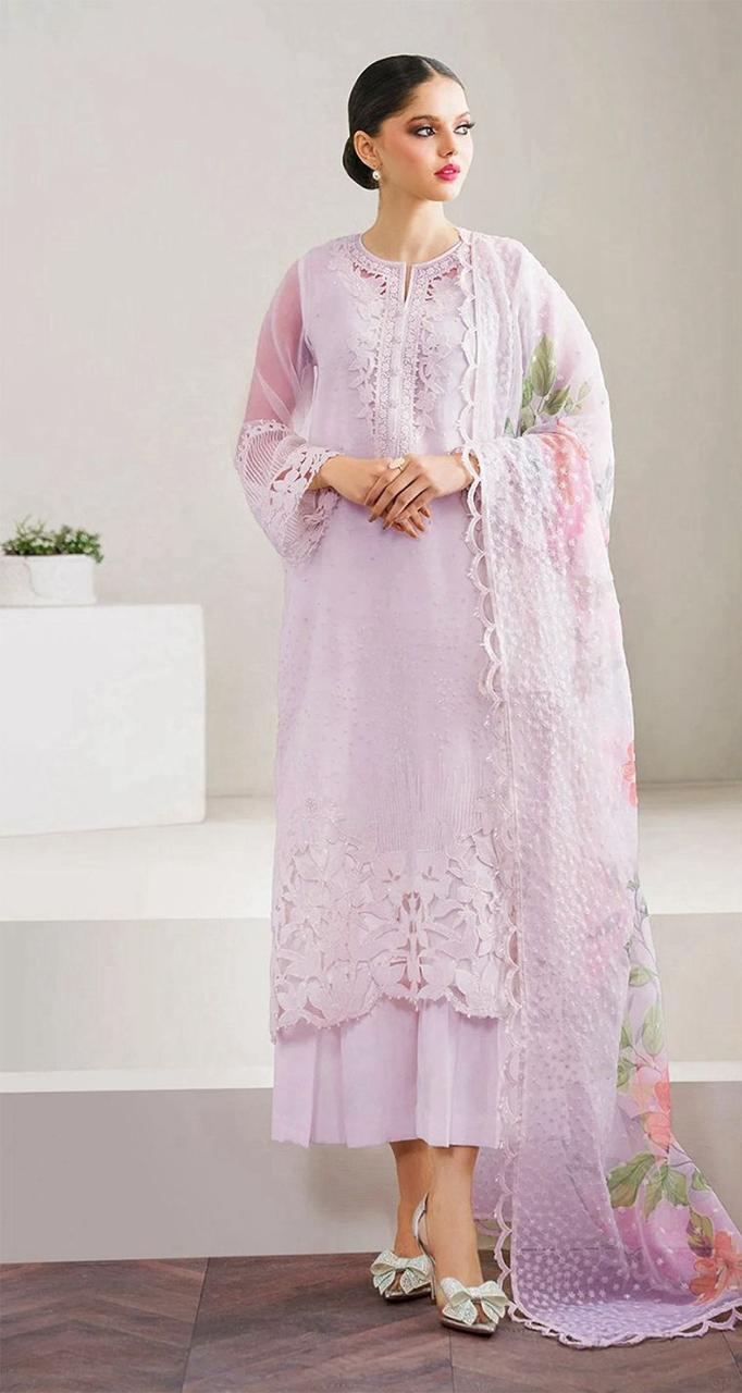 Baroque Chantelle Premium Organza 3PC Suit in Three Different Colours- Heavy Embroidered Cutwork Ensemble