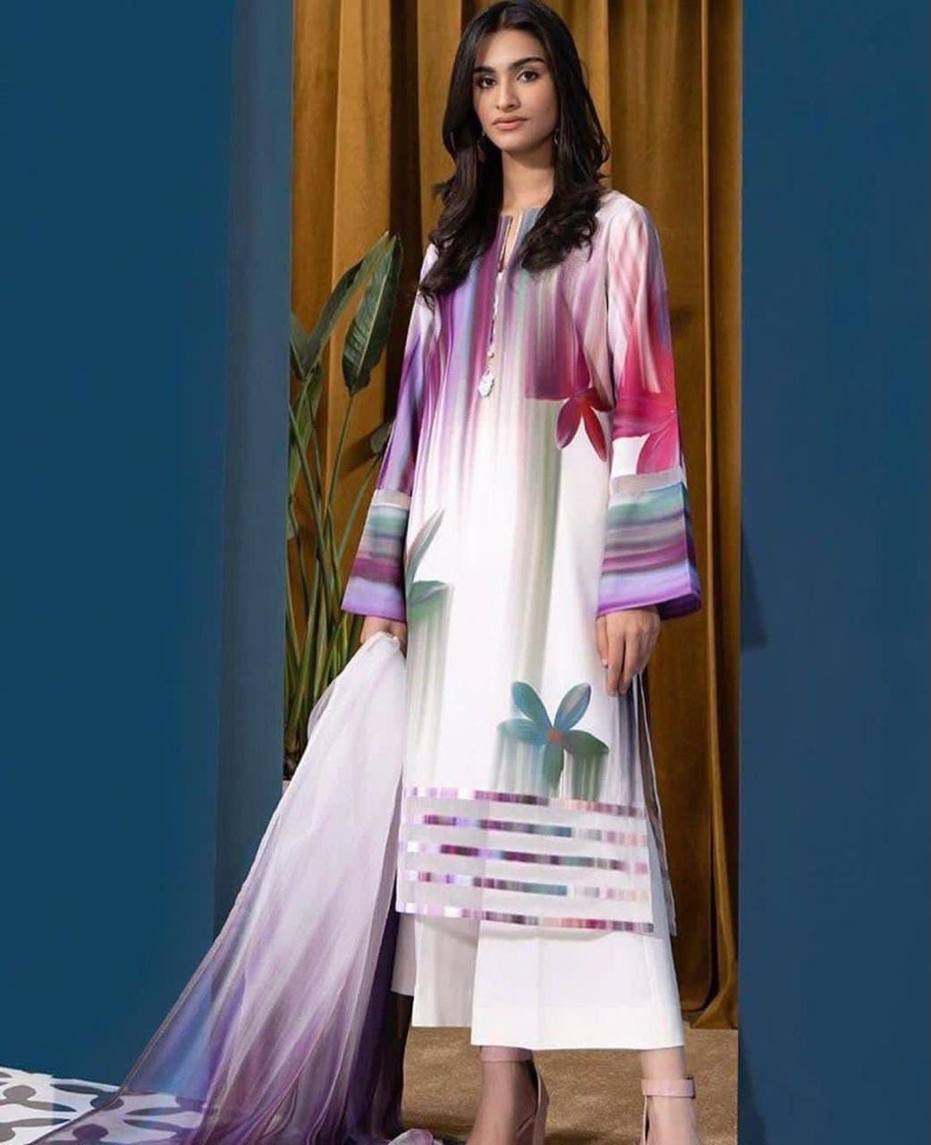 Premium Tie-N-Die Digital Printed 3PC Shamooz Silk Suit