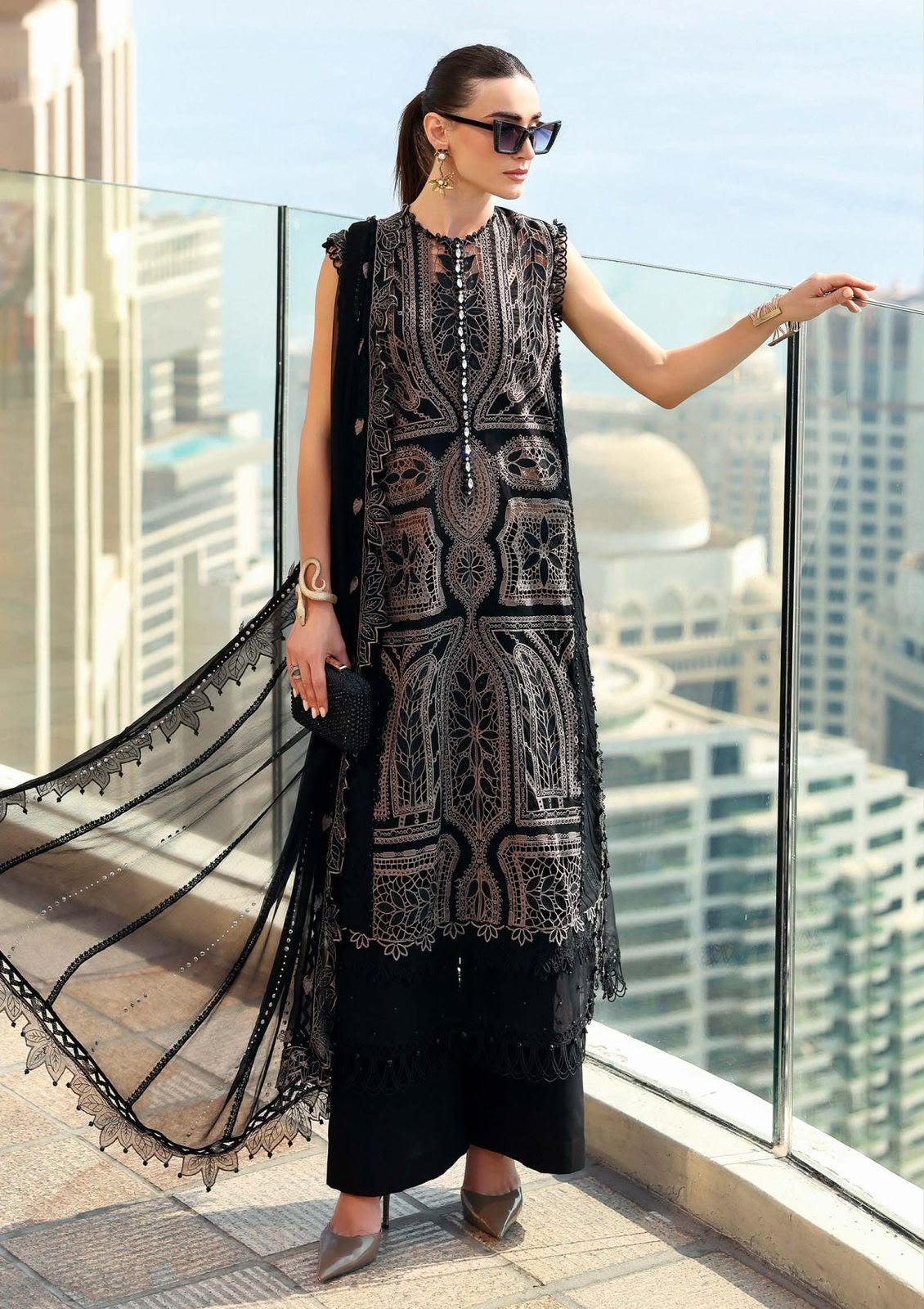 Maria B Black Premium Lawn 3PC Suit - Heavy Sequence Embroidered Chikankari Ensemble