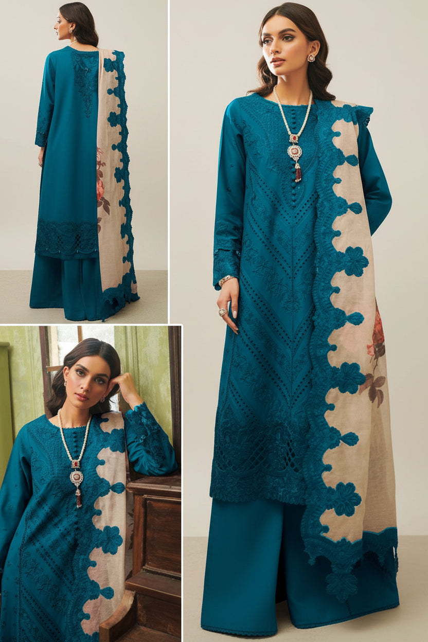 Heer Luxury Chikankari 3PC Suit - Heavy Sequence Embroidery & Cutwork Ensemble
