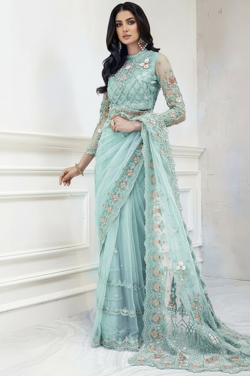 Party wear Net Saree Exclusive Fancy Collection with Heavy Embroidery Sequence and pearls