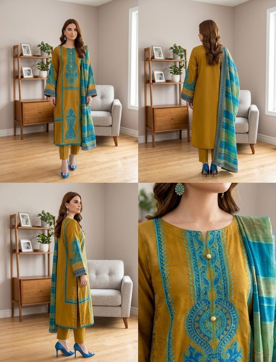 Maria B Festive 3PC Lawn Suit - Heavy Sequence Embroidered Ensemble