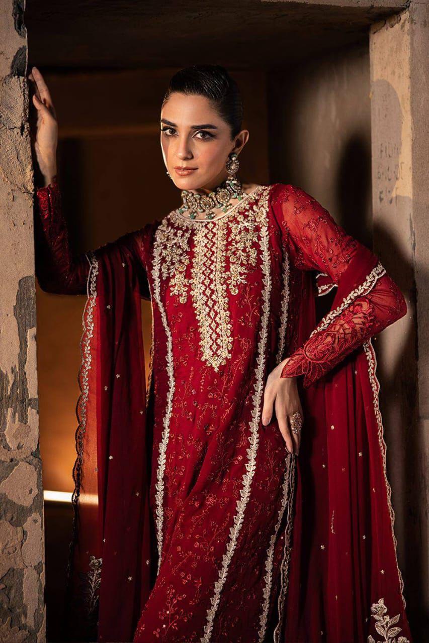 Azure Royal Crimson Premium Chiffon 3PC Suit - Hand-Embellished Festive Ensemble