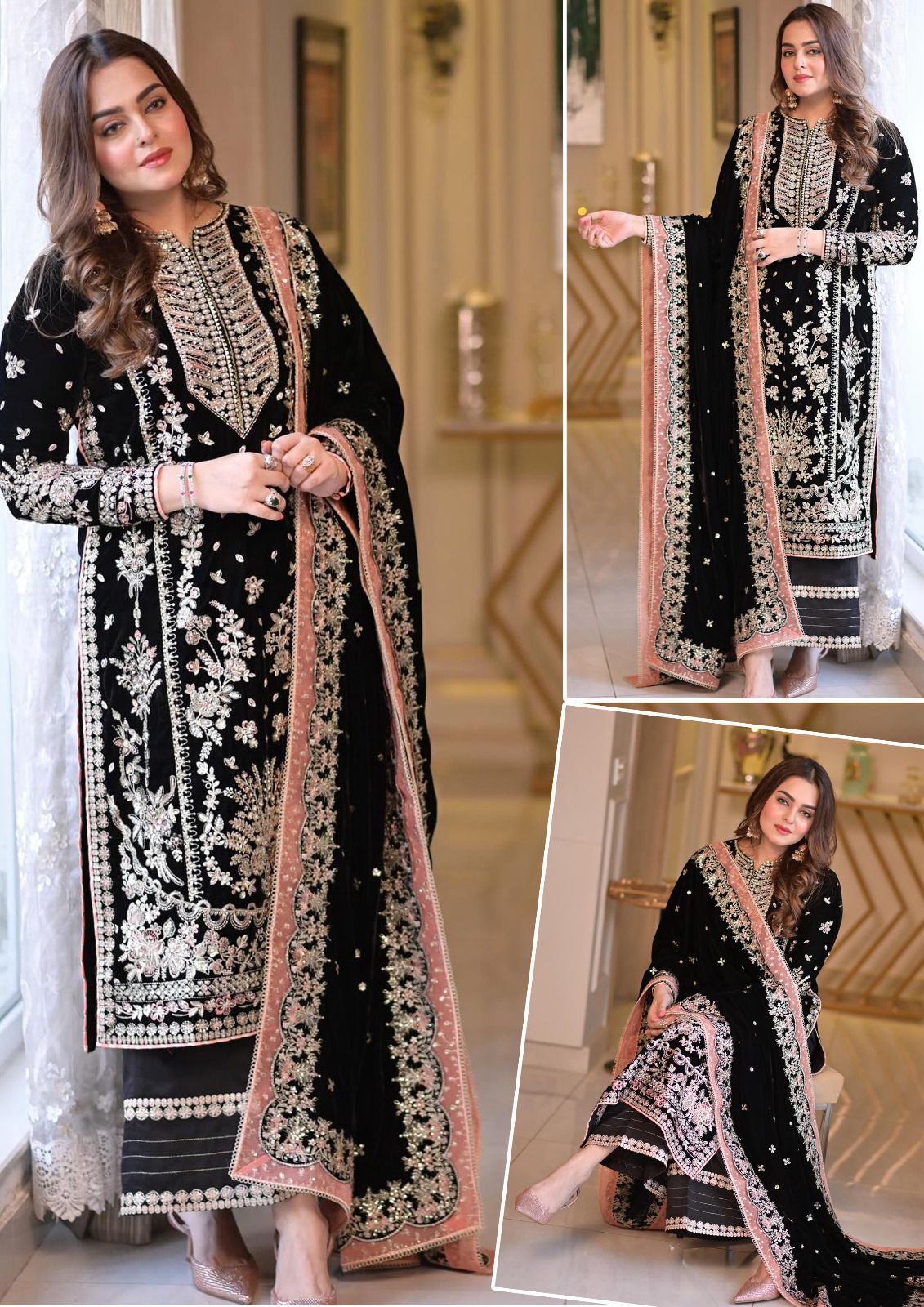 Aneela’s Luxury Embroidered Chiffon Wedding Ensemble - Sequin & Adda Work 3PC Suit in Different colours