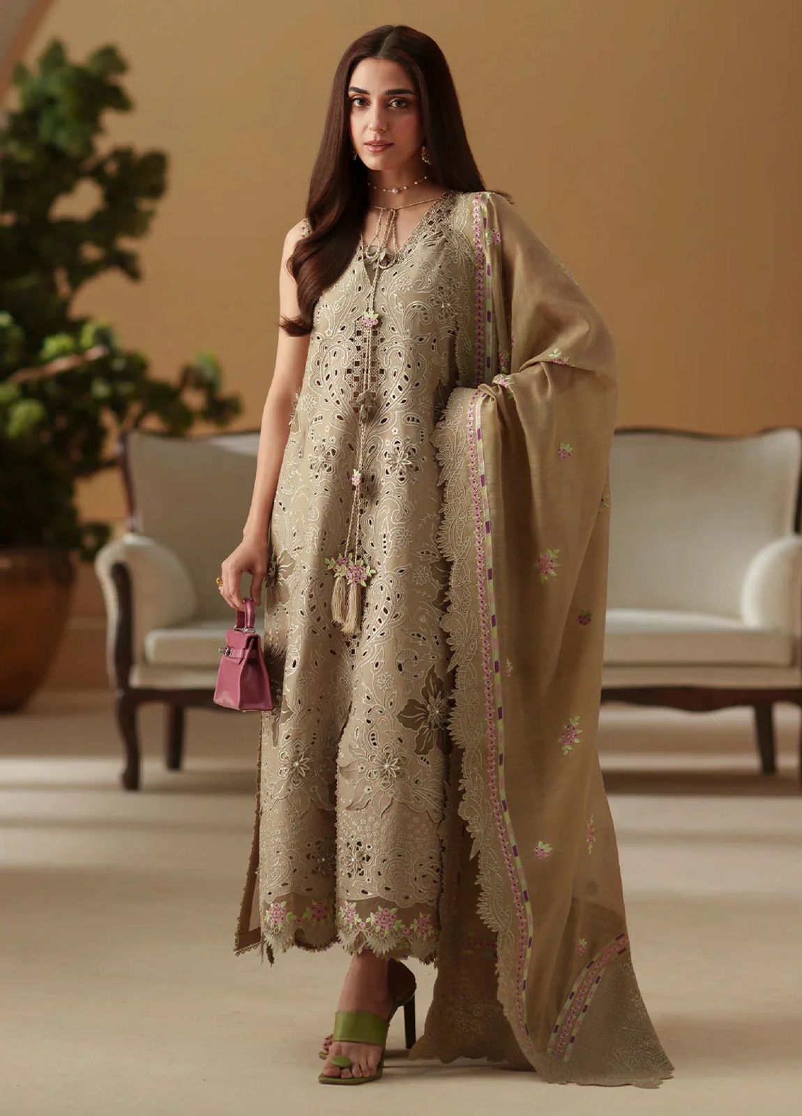 Bin Ilyas Premium Embroidered Chikankari Suit in Two Color Red and Beige with Khaddi Net Dupatta