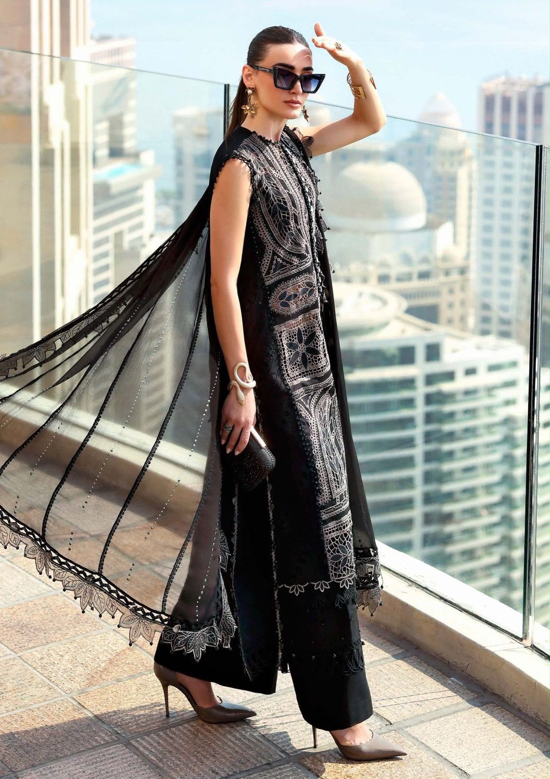 Maria B Black Premium Lawn 3PC Suit - Heavy Sequence Embroidered Chikankari Ensemble