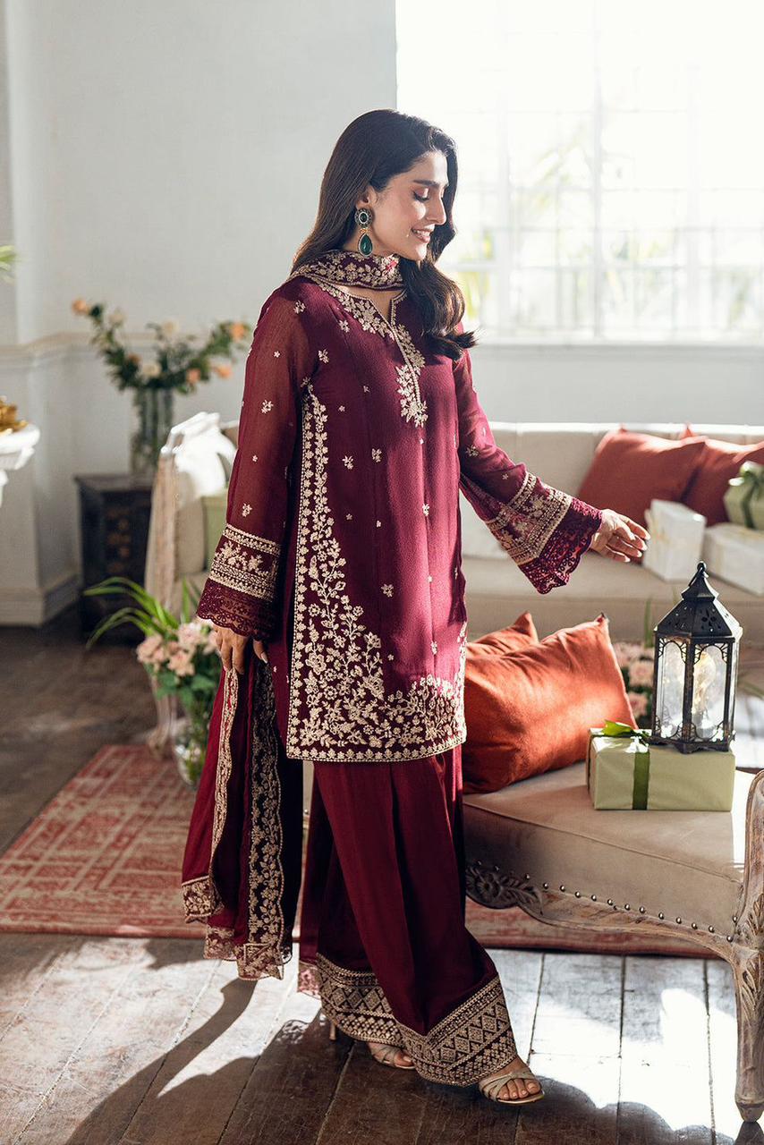Azure Premium Chiffon 3PC Suit - Heavy Embroidered Spangle Work Formal Ensemble