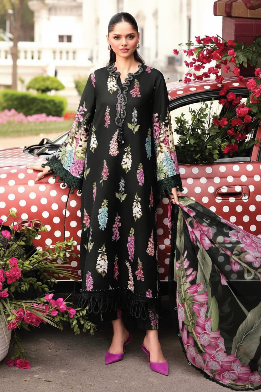 Maria B Premium Lawn 3PC Suit in Two Different Colours- Floral Print with Heavy Embroidered Spangle Work