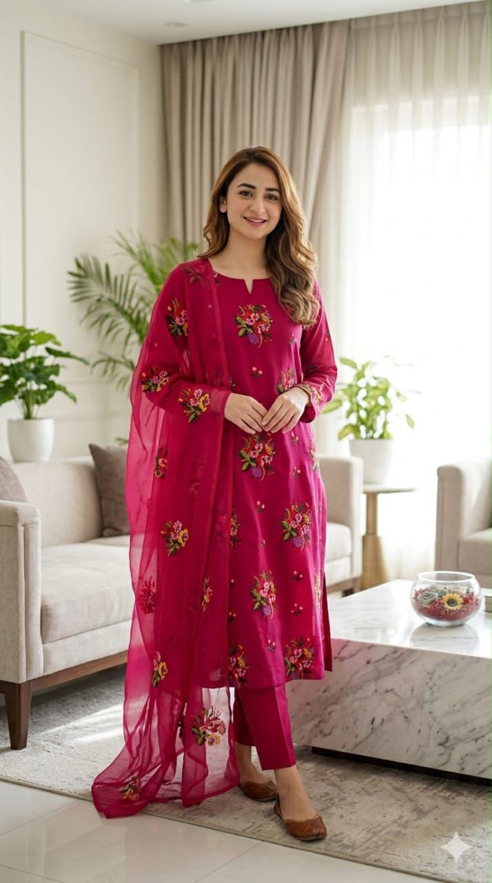 3PIECE Embroidered Summer Collection with Chiffon Dupatta