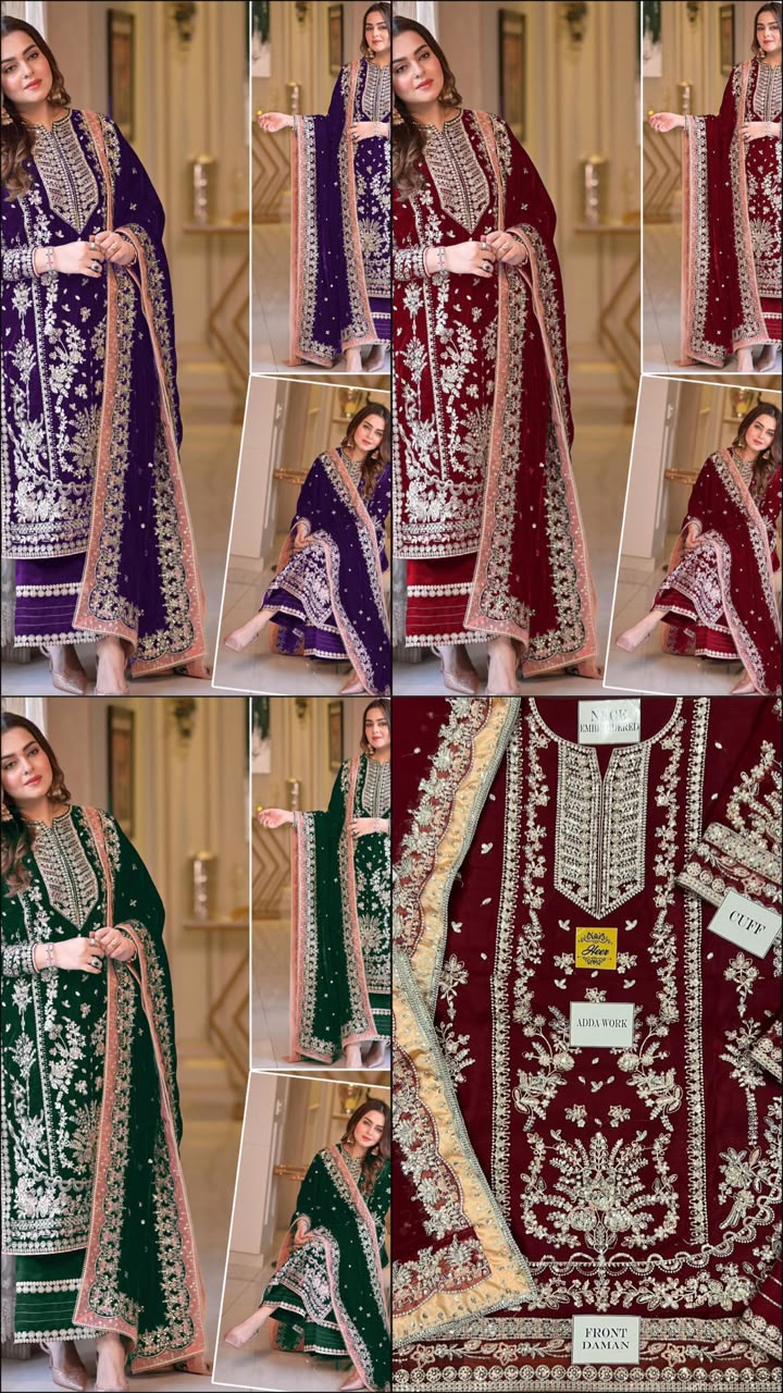 Aneela’s Luxury Embroidered Chiffon Wedding Ensemble - Sequin & Adda Work 3PC Suit in Different colours