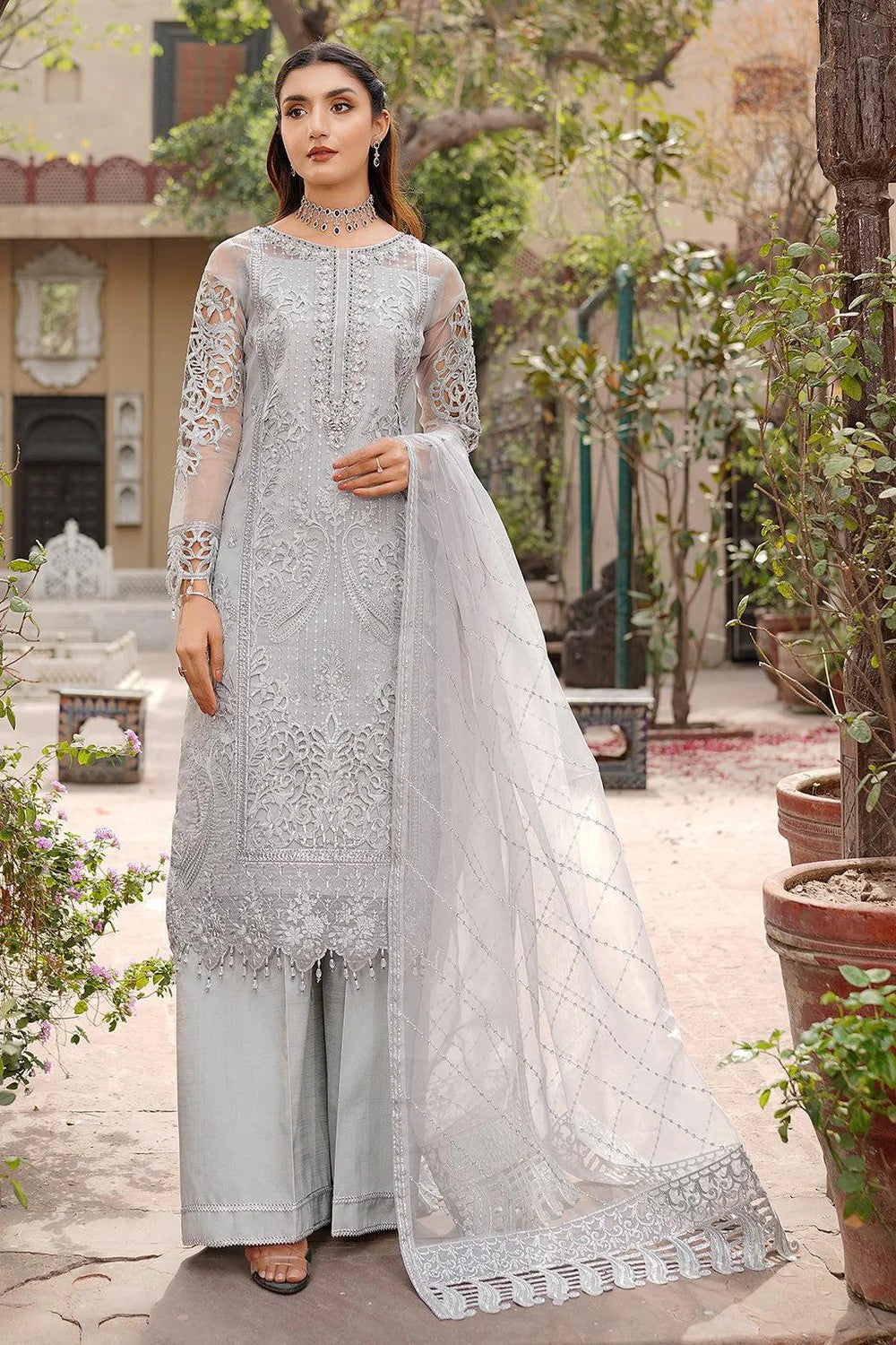 Adan Libas Luxury Organza 3PC Suit - Heavy Adda Work & Cutwork Wedding Ensemble