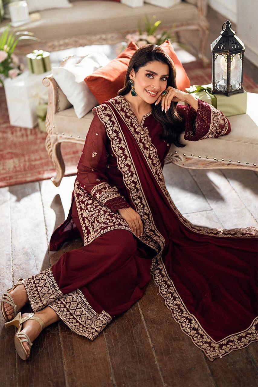 Azure Premium Chiffon 3PC Suit - Heavy Embroidered Spangle Work Formal Ensemble