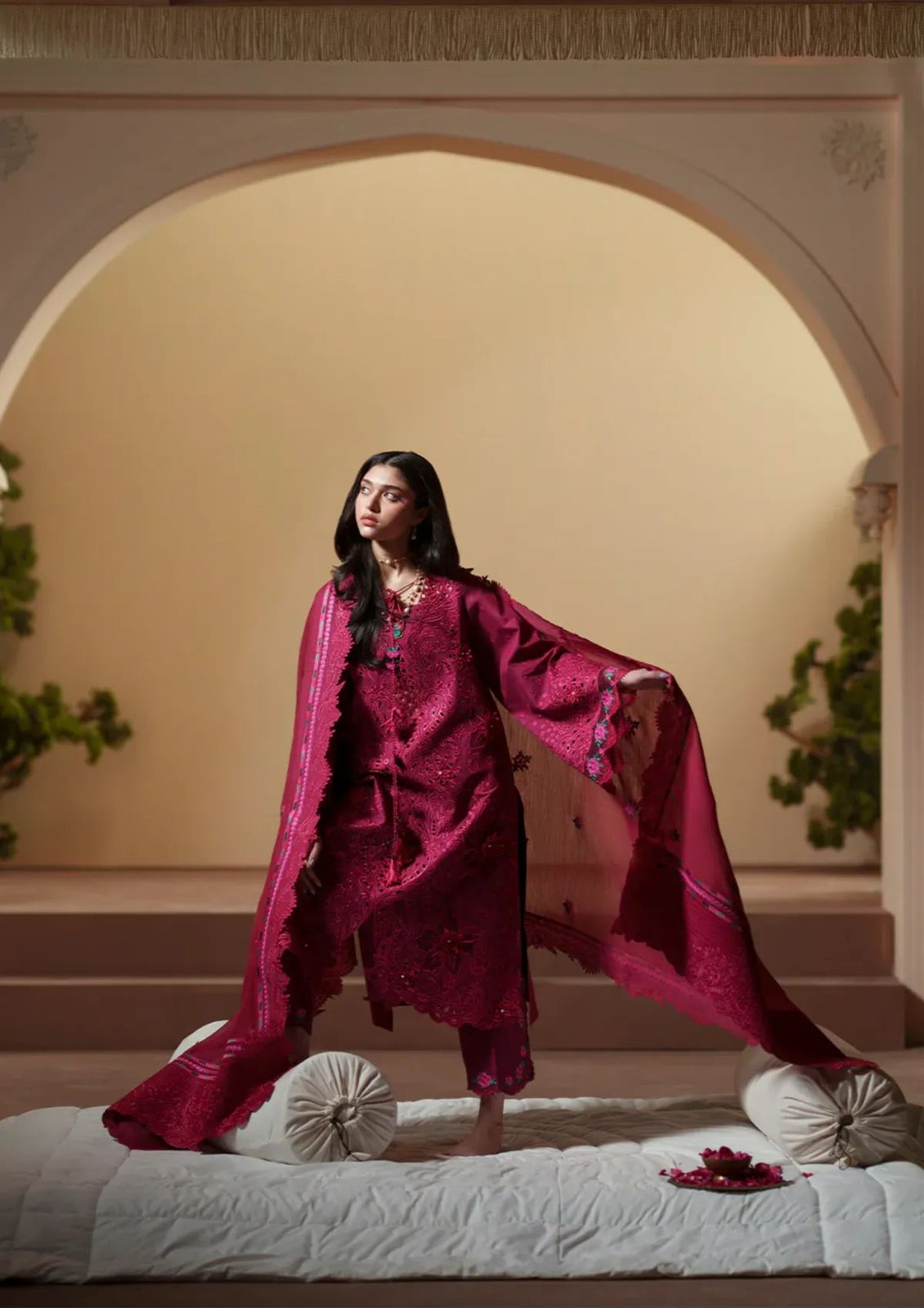 Bin Ilyas Premium Embroidered Chikankari Suit in Two Color Red and Beige with Khaddi Net Dupatta