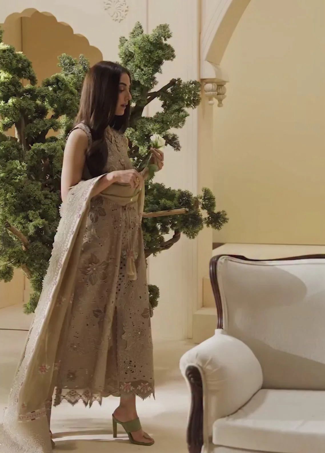 Bin Ilyas Premium Embroidered Chikankari Suit in Two Color Red and Beige with Khaddi Net Dupatta