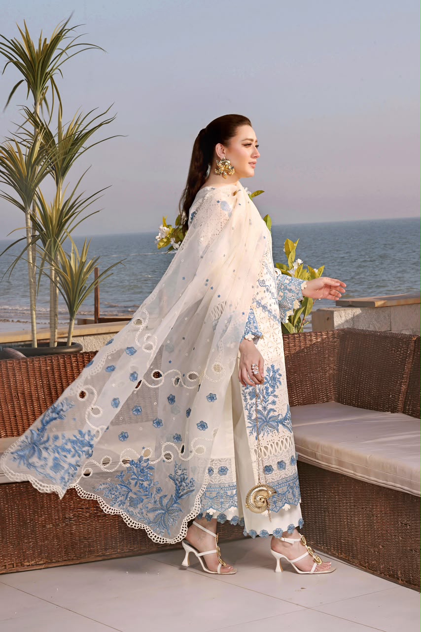 Aneela’s Premium Cotton Chickenkari 3PC Ensemble - Heavy Embroidered Organza Dupatta