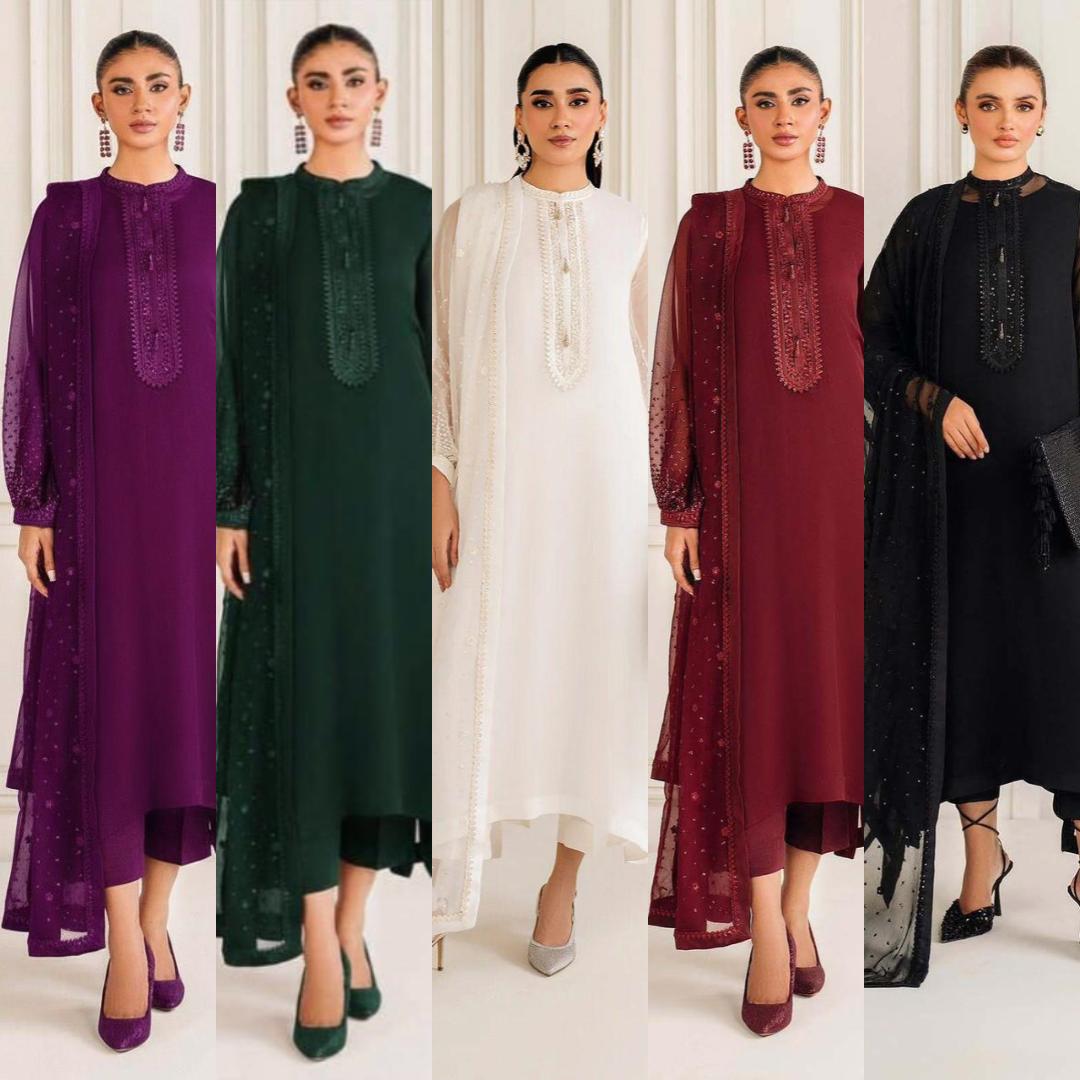3PIECE Embroidered Chiffon Suit