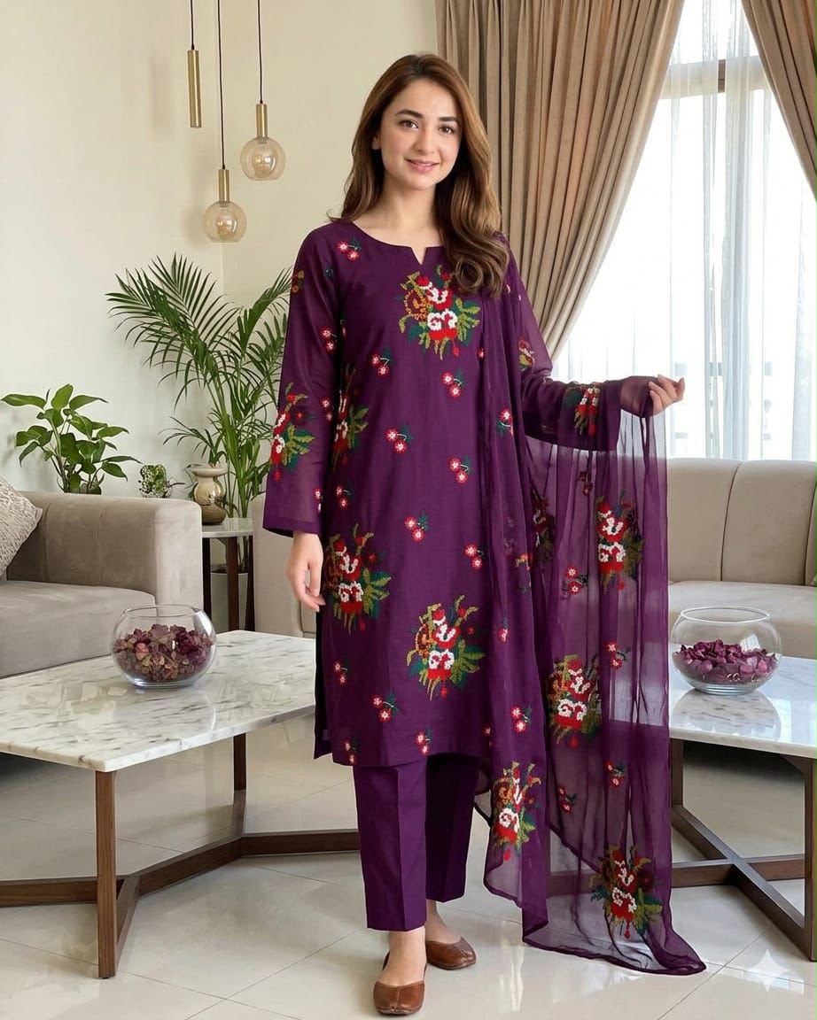 3PIECE Embroidered Summer Collection with Chiffon Dupatta