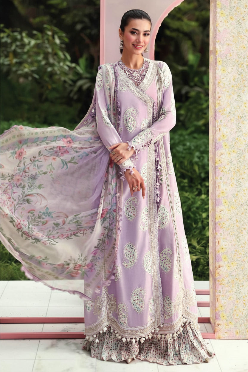 Farasha Luxury Lawn 3PC Suit in Two Different Colours Embroidered Ensemble with Chiffon Dupatta