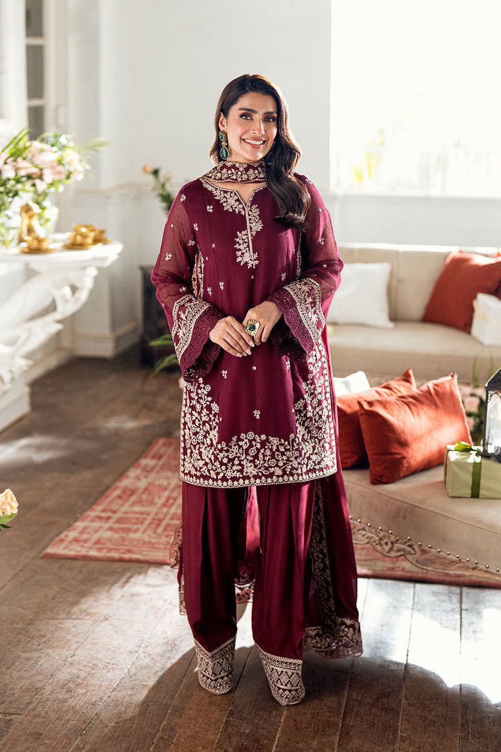Azure Premium Chiffon 3PC Suit - Heavy Embroidered Spangle Work Formal Ensemble