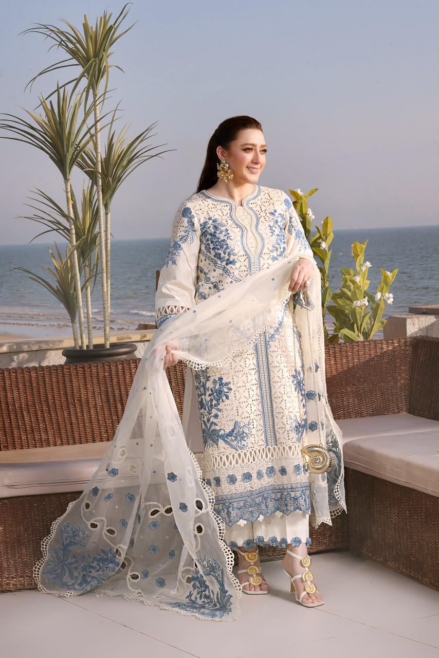 Aneela’s Premium Cotton Chickenkari 3PC Ensemble - Heavy Embroidered Organza Dupatta