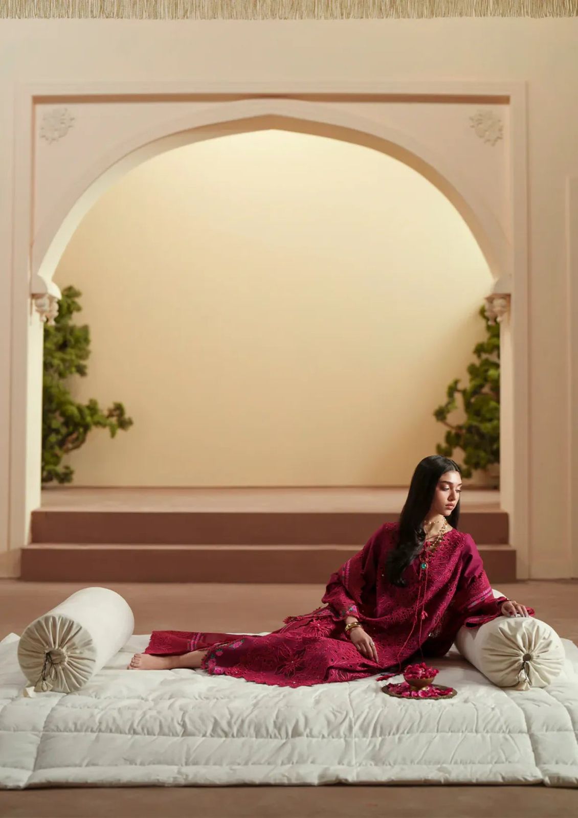 Bin Ilyas Premium Embroidered Chikankari Suit in Two Color Red and Beige with Khaddi Net Dupatta